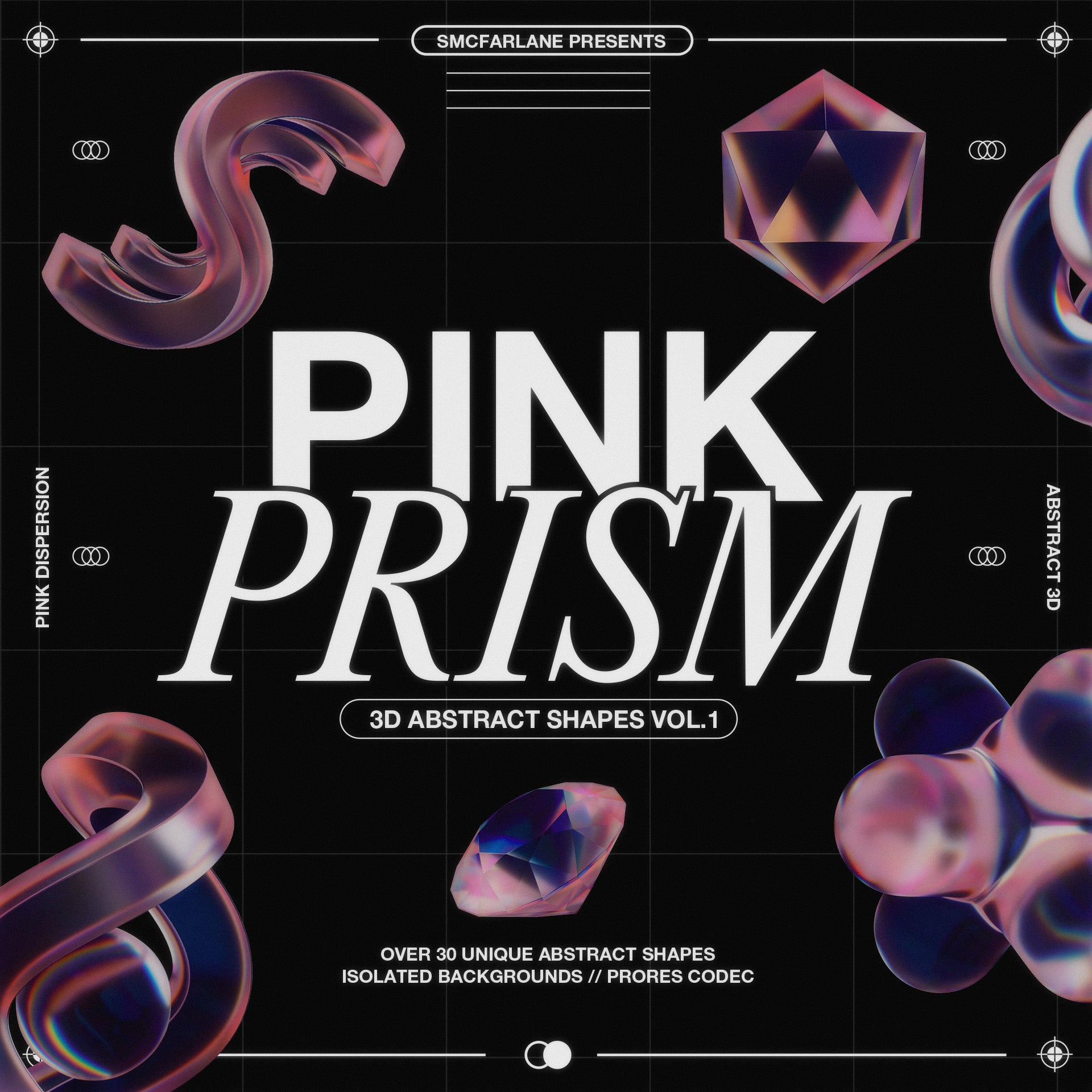 Album-like cover image featuring abstract 3D shapes in pink prism design, with text indicating 'Pink Prism 3D Shapes Vol.1' and 'Over 28 unique abstract shapes'.